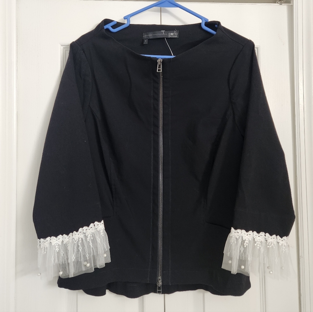 Porto SAN FRANCISCO Black Zip-Front Jacket Lace & Pearl Trim Sleeves SIZE 3/ L